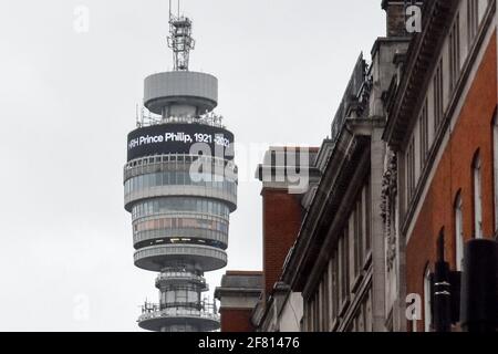 London, UK. 10th Apr, 2021. The BT Tower displays the name of the late Prince Philip, the Duke of Edinburgh. The husband of Queen Elizabeth II, he died in the morning of April 9, 2021, at the age of 99. Credit: Ilya Dmitryachev/TASS/Alamy Live News