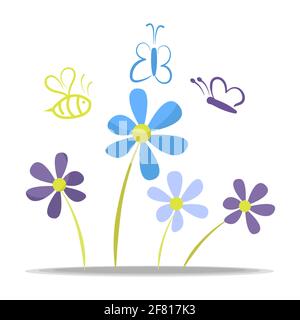 Flowerbed with flowers greens bee butterflies isolated on white background Stock Vector