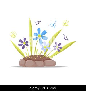 Flowers growing on flowerbed butterflies bees isolated on white background Stock Vector