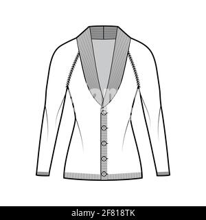 Cardigan Shawl collar Sweater technical fashion illustration with long raglan sleeves, fitted body, hip length, knit rib trim, button closure. Flat apparel front, white color style. Women CAD mockup Stock Vector