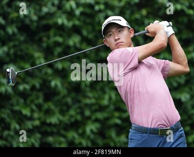 Augusta, United States. 10th Apr, 2021. Collin Morikawa hits a tee shot on the second hole in the third round of the 2021 Masters Tournament at Augusta National Golf Club in Augusta, Georgia on Saturday, April 10, 2021. Photo by Kevin Dietsch/UPI Credit: UPI/Alamy Live News Stock Photo