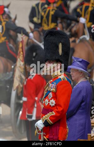 HRH The Queen with her husband and consort HRH Prince Philip, The Duke of Edinburgh at Trooping The Colour 17th June 2006 Stock Photo