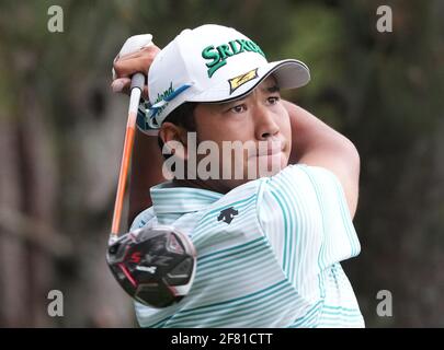 Augusta, United States. 10th Apr, 2021. Hideki Matsuyama of Japan hits a tee shot in the third round of the 2021 Masters Tournament at Augusta National Golf Club in Augusta, Georgia on Saturday, April 10, 2021. Photo by Kevin Dietsch/UPI Credit: UPI/Alamy Live News