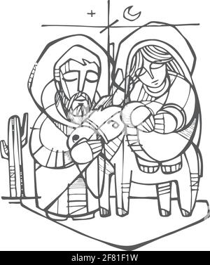Hand drawn vector illustration or drawing of Saint Joseph and Virgin Mary at the Nativity of Christ Stock Vector