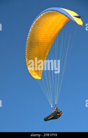 Solo paraglider in a yellow and blue parachute gliding above the beach at Oludeniz, Turkey Stock Photo