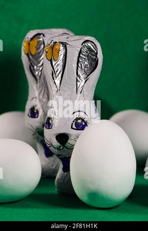 Wrapped Chocolate Bunnies With Candy Coated Eggs Stock Photo