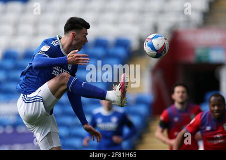 Cardiff, UK. 10th Apr, 2021. Kieffer Moore of Cardiff City in action. EFL Skybet championship match, Cardiff city v Blackburn Rovers at the Cardiff City Stadium in Cardiff, Wales on Saturday 10th April 2021. this image may only be used for Editorial purposes. Editorial use only, license required for commercial use. No use in betting, games or a single club/league/player publications. pic by Andrew Orchard/Andrew Orchard sports photography/Alamy Live news Credit: Andrew Orchard sports photography/Alamy Live News Stock Photo