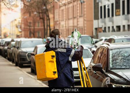 surveyor working process tachymeter measurement building construction topography of the area equipment Stock Photo