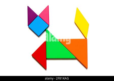 Color tangram puzzle in cat shape on white background Stock Photo