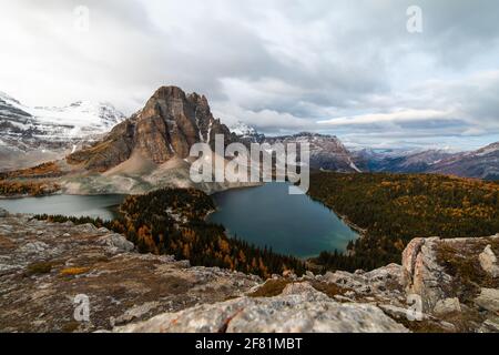 high view of a the peak of a mountain surrounded by lakes in fall with yellow larches