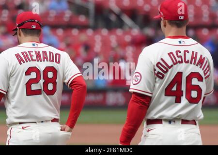 St. Louis, United States. 10th Apr, 2021. St. Louis Cardinals Nolan Arenado  and Paul Goldschmidt take to the field for the sixth inning against the  Milwaukee Brewers at Busch Stadium in St. Louis on Saturday, April 10.  2021. Photo by Bill Greenblatt/UPI 