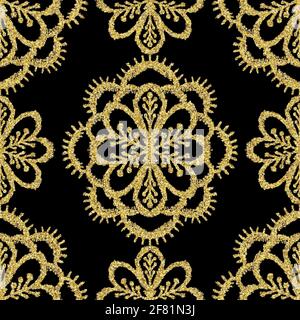 Seamless gold glitter ethnic rug motif pattern. Stock Photo