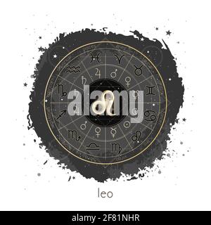 Vector illustration with Horoscope circle, pictograms astrology planets, Zodiac signs and constellation Leo on a grunge background with geometry patte Stock Vector