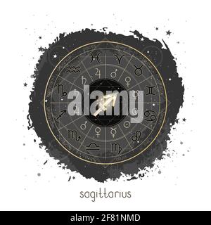 Vector illustration with Horoscope circle, pictograms astrology planets, Zodiac signs and constellation Sagittarius on a grunge background with geomet Stock Vector