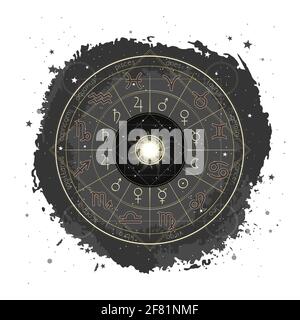 Vector illustration with Horoscope circle, Zodiac signs and pictograms astrology planets on a grunge background with Sun. Image in yellow and black co Stock Vector