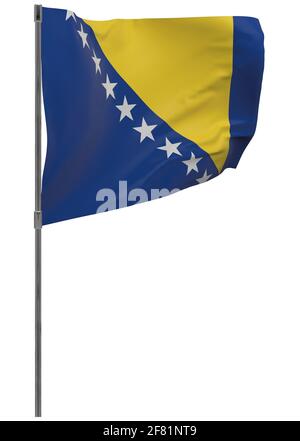 Bosnia and Herzegovina flag on pole. Waving banner isolated. National flag of Bosnia and Herzegovina Stock Photo