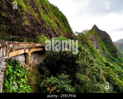 abandoned highway on a mountain with dense green forest in summer with cloudy sky Stock Photo