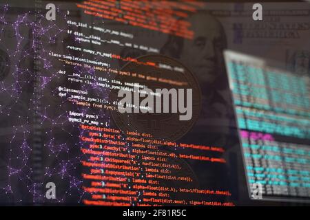 Abstract information technology background. Modern technologies screen concept. Macro shot of display with shallow field of depth. Stock Photo