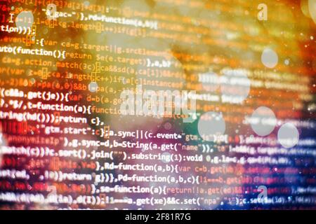 Computer script. Web develop company web interface icon for software design concept. PHP code abstract technology background. Stock Photo