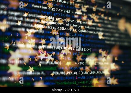 Computer script. Web develop company web interface icon for software design concept. PHP code abstract technology background. Stock Photo