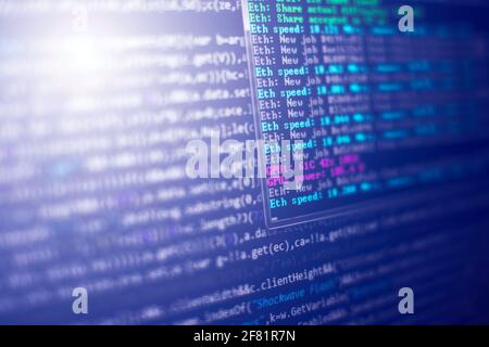 Computer script. Web develop company web interface icon for software design concept. PHP code abstract technology background. Stock Photo