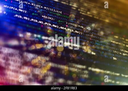 Computer script. Web develop company web interface icon for software design concept. PHP code abstract technology background. Stock Photo