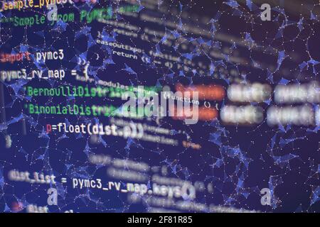 Computer script. Web develop company web interface icon for software design concept. PHP code abstract technology background. Stock Photo