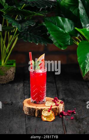 Red alcoholic fruit cocktail in a glass Stock Photo