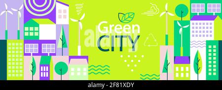 Green city banner in simple geometric flat style. Stock Vector