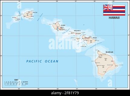 Vector map of the U.S. state of Hawaii with Flag. jpg Stock Vector