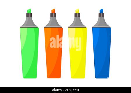 Colorful marker pens set isolated on white background. Office highlighters design elements. Art or office colourful highlighters. Vector illustration Stock Vector