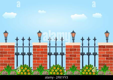 Metal fence with decorative cast iron wrought, pillars of bricks, plant and flashlights. Fence with street lamps against the sky. Vector illustration Stock Vector