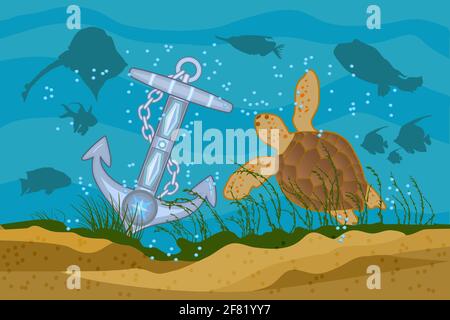 Sea background. Anchor, turtle and fishes silhouettes on a blue sea background.Boat anchor in the water on ocean bottom sand.Stock vector illustration Stock Vector