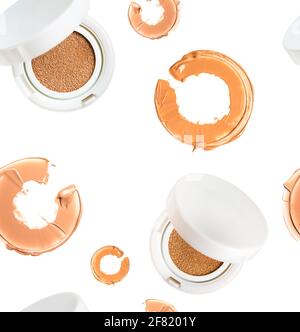 Seamless pattern of Powder cushion with smeared sample in the shape of a circle, Cosmetic face powder isolated on white background. Stock Photo