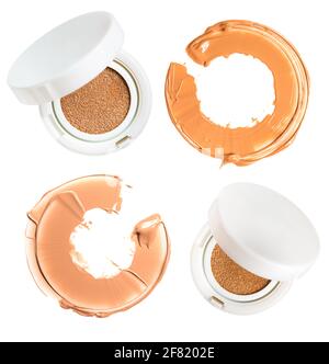 Powder cushion with smeared sample in the shape of a circle, Cosmetic face powder isolated on white background. Stock Photo