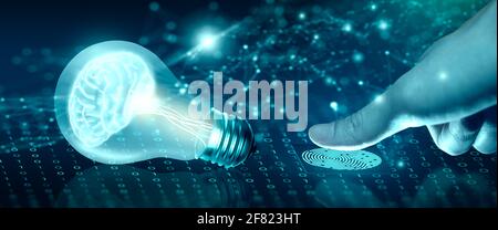 Protect intellectual property with Biometric security. The converging point of circuit and light bulb with glowing human brain inside. Intellectual pr Stock Photo