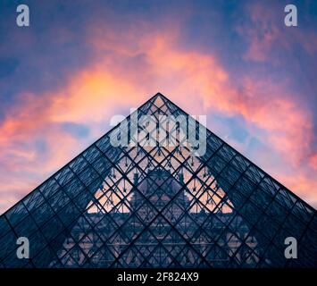 Louvre Glass Pyramid at Sunset, Musee du Louvre, Paris, France, Europe. Pyramid Detail Stock Photo