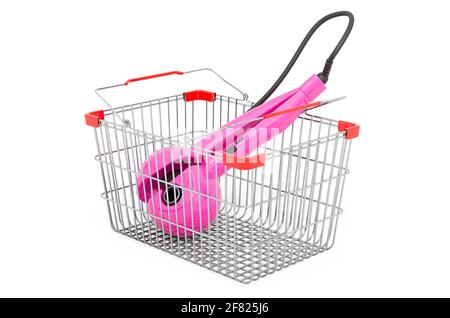 Shopping basket with curling iron, hair curler. 3D rendering isolated on white background Stock Photo