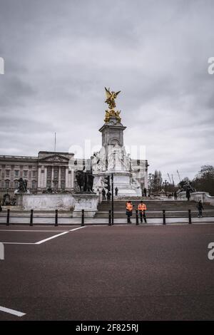 LONDON, UK - APRIL 10th: Scenes outside Buckingham Palace following the announcement of the death of The Prince Phillip, Duke of Edinburgh