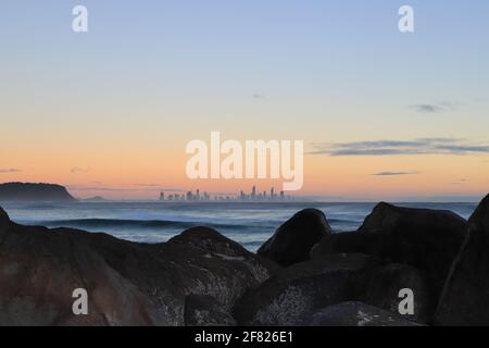 Gold Coast City at sunrise from Currumbin Alley, Queensland, Australia Stock Photo