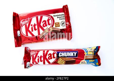 Kit Kat original four-finger & Kit Kat Chunky on a white background Stock Photo