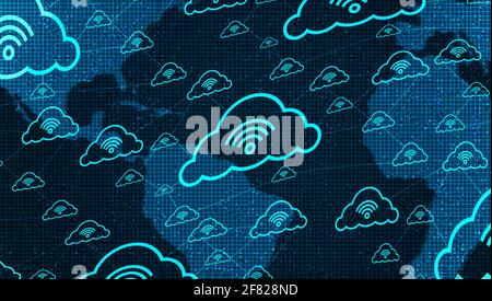 Cloud Network Connecting With Wifi icon on Global Technology background,Clouds Computing concept. Stock Vector
