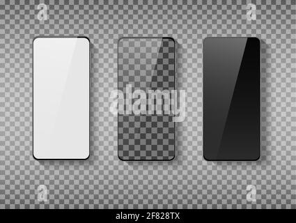 Set of realistic mobile phone mockup. Smartphone frame front view empty display. Isolated graphic vector. Stock Vector