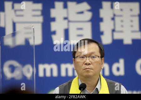 Taipei, Taipei, Taiwan. 11th Apr, 2021. Taiwan Central Epidemic Control Centre spokesperson Chuang Jen-hsiang says one new death from COVID-19 and one imported case have been confirmed, during a press conference. The deceased in his 60s was tested positive back in 24 January as he links with a cluster infection at Taoyuan General Hospital at that time whilst a man arriving in Taiwan from the US on 3 April has also been tested positive. Credit: Daniel Ceng Shou-Yi/ZUMA Wire/Alamy Live News Stock Photo