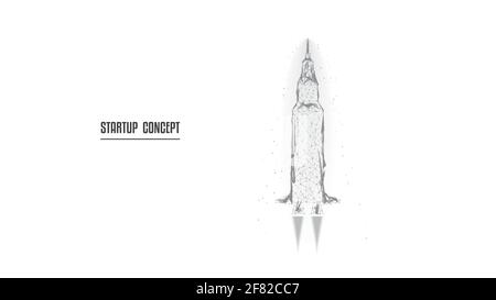 Startup rocket from triangles and luminous points. Start-up concept. Grey Polygonal illustration. White background. Stock Vector
