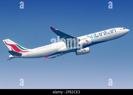 Male, Maldives – February 19, 2018: SriLankan Airbus A330 airplane at Male airport (MLE) in the Maldives. Airbus is a European aircraft manufacturer b Stock Photo