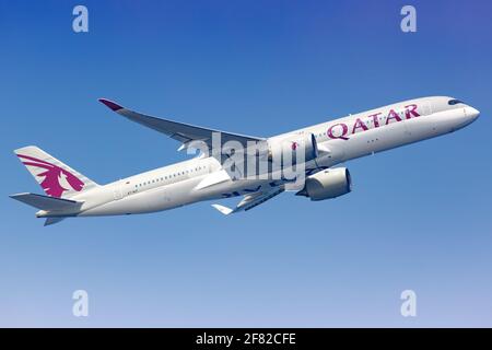 Male, Maldives – February 18, 2018: Qatar Airways Airbus A350 airplane at Male airport (MLE) in the Maldives. Airbus is a European aircraft manufactur Stock Photo