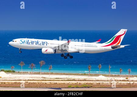 Male, Maldives – February 20, 2018: SriLankan Airbus A330 airplane at Male airport (MLE) in the Maldives. Airbus is a European aircraft manufacturer b Stock Photo