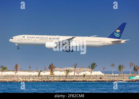 Male, Maldives – February 18, 2018: Saudia - Saudi Arabian Airlines Boeing 777-300ER airplane at Male airport (MLE) in the Maldives. Boeing is an Amer Stock Photo