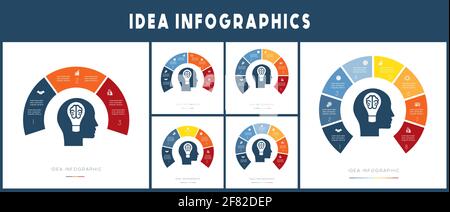 Silhouette of  head with lamp in the shape of  brain. Idea concept. Infographic template set. Stock Vector